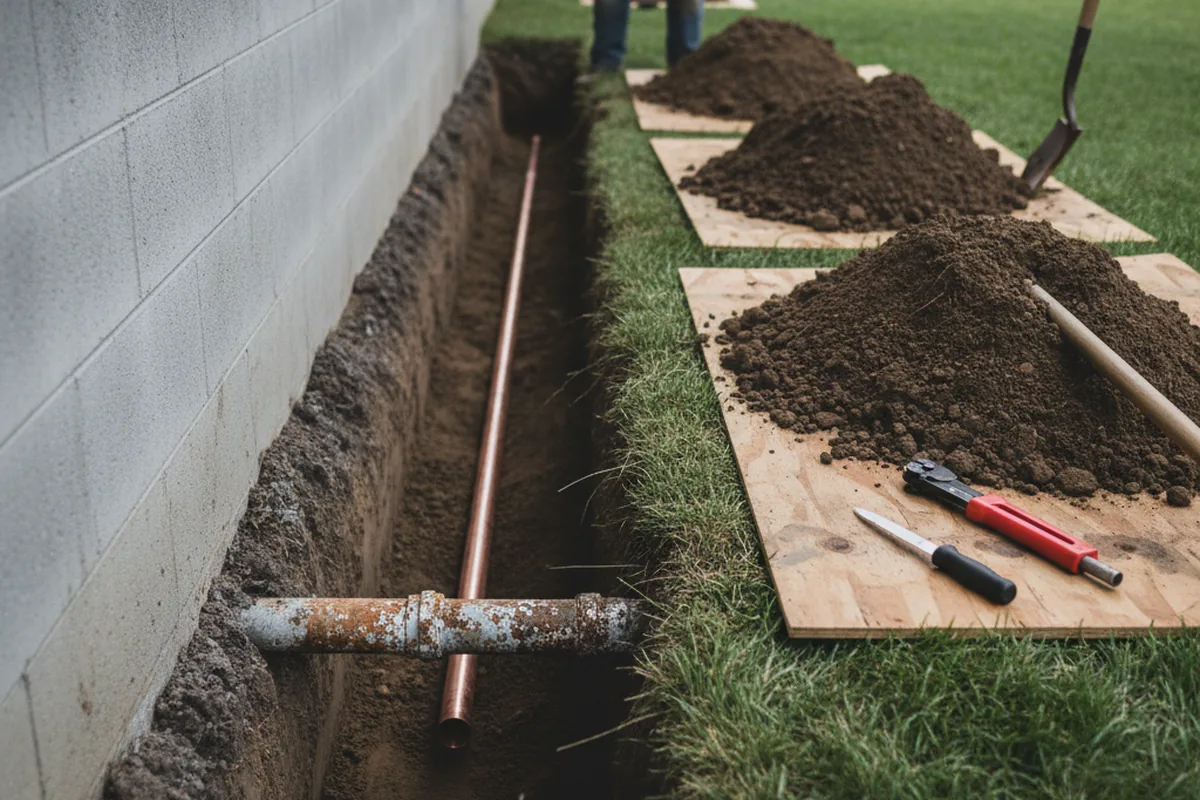 Excavated water line trench during Sewer Line Repair in Bois D Arc